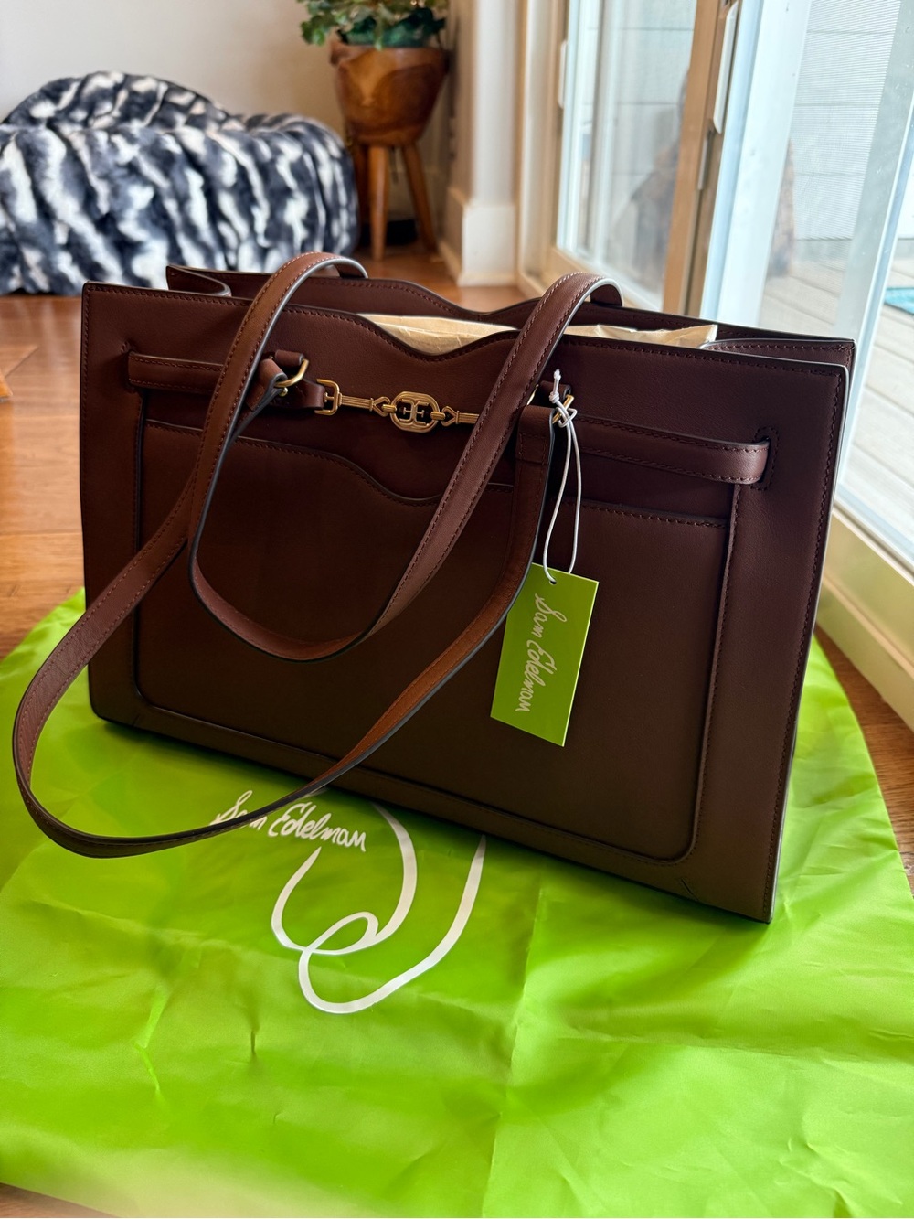 Sam Edelman Loraine Large Leather Box Tote in Rich Brown/Brandy